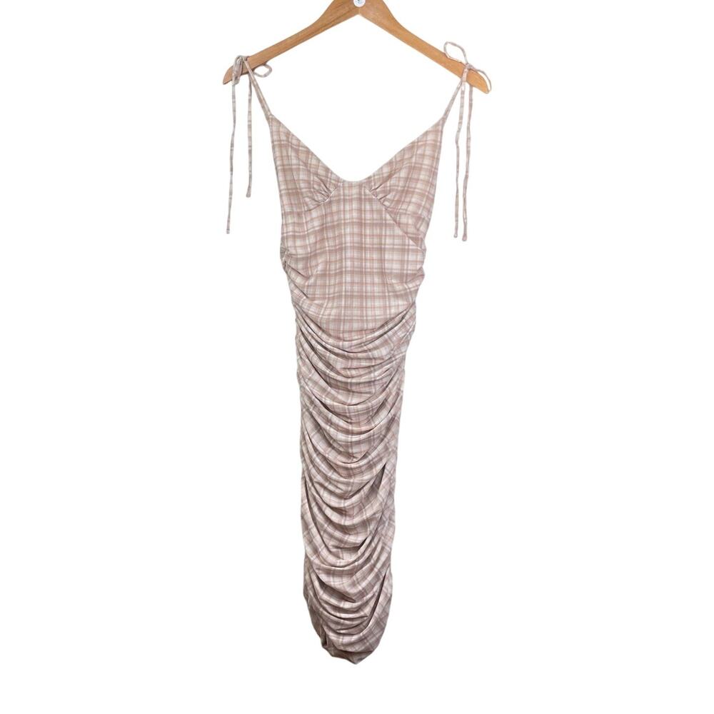 Wilfred Tan Plaid Tie Spaghetti Strap Ruched Side V-Neck Lined Bodycon Dress